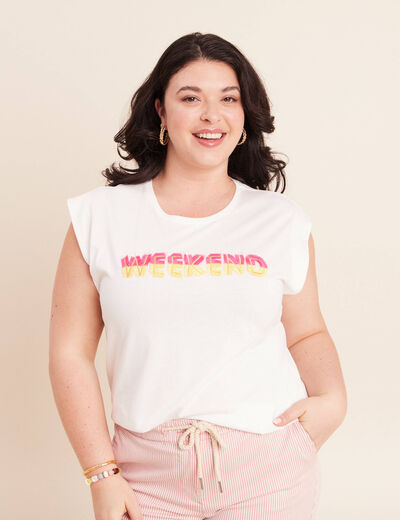 T-shirt col rond sans manches ecru femme