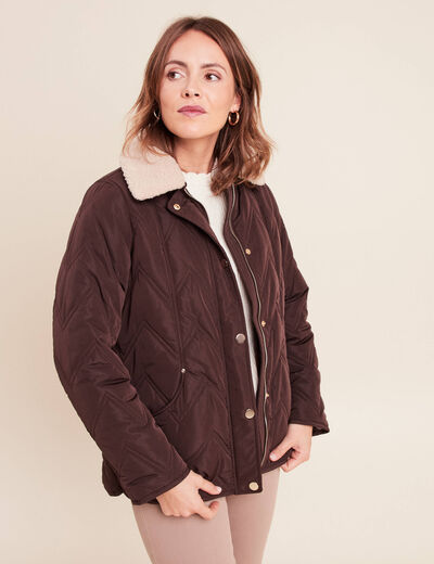 Doudoune courte doubl&eacute;e col amovible marron fonc&eacute; femme