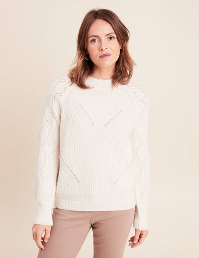 Pull col montant manches longues ecru femme