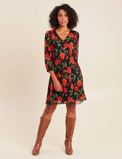 Robe courte &eacute;vas&eacute;e pliss&eacute;e manches 3/4 rouge femme