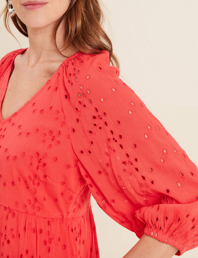 Robe courte manches 3/4 fluide rouge corail femme