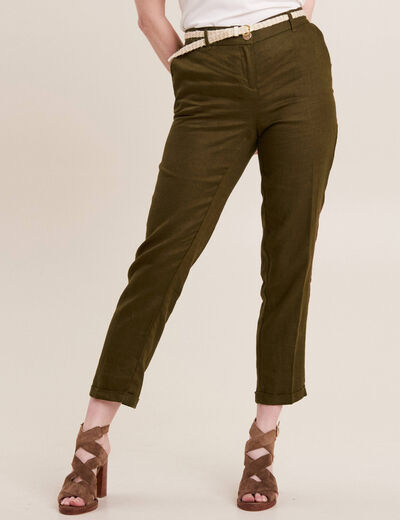 Pantalon flou ceinturé vert olive femme