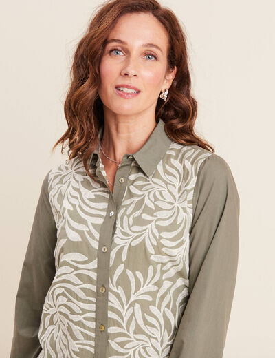 Chemise manches longues brodée vert olive femme
