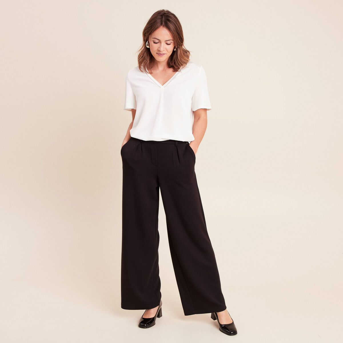 Pantalon coupe large taille haute maille noir femme