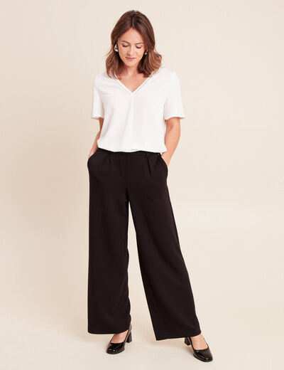 Pantalon coupe large taille haute maille noir femme