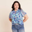 T-shirt col tunisien manches courtes bleu femme