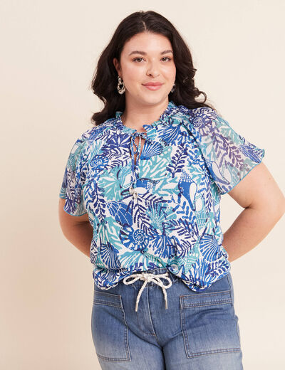 T-shirt col tunisien manches courtes bleu femme