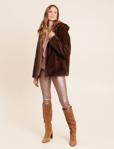 Manteau en fausse fourrure &agrave; capuche marron fonc&eacute; femme