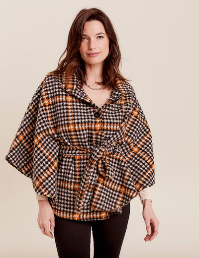 Poncho ceinturé boutonné noir femme