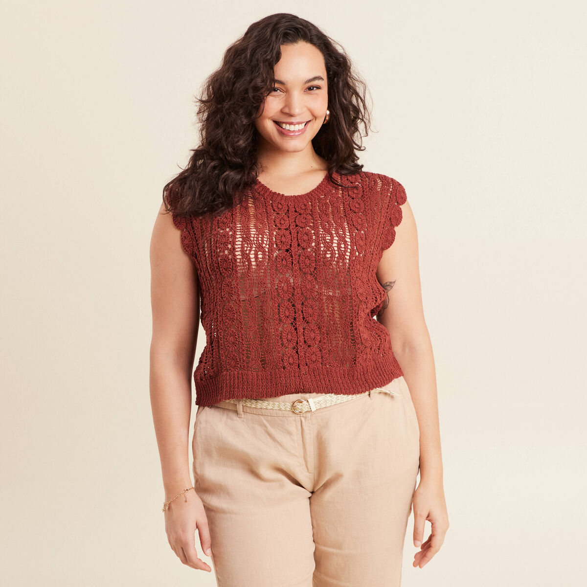 Débardeur macramé marron foncé femme