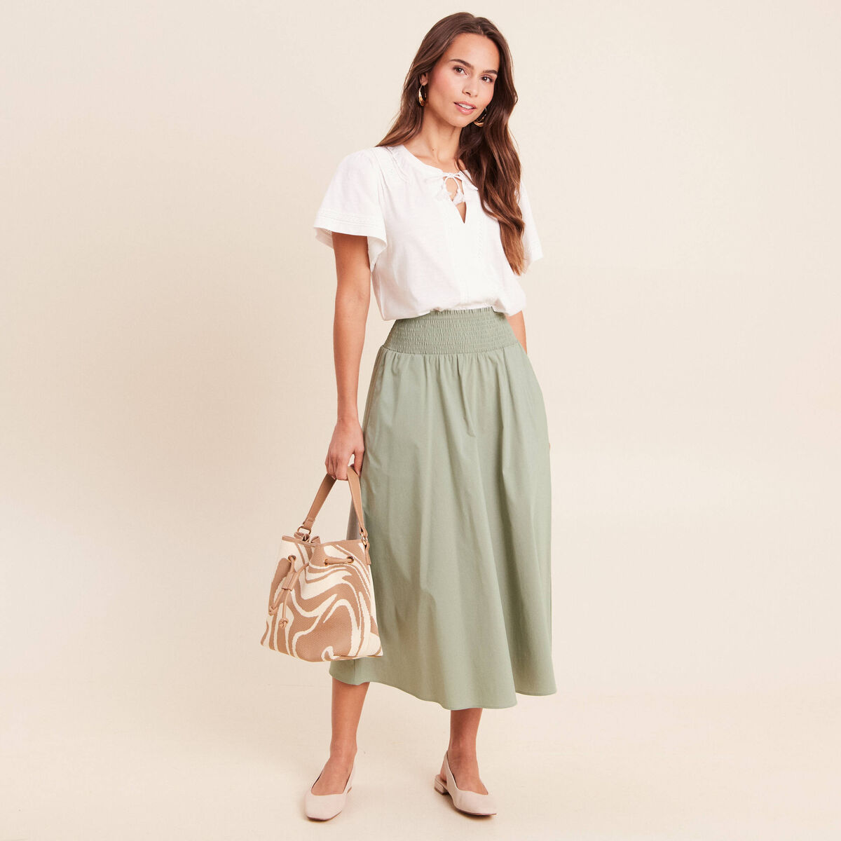 Blouse col tunisien manches courtes ecru femme