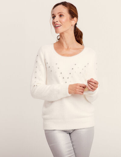 Pull manches longues strass ecru femme