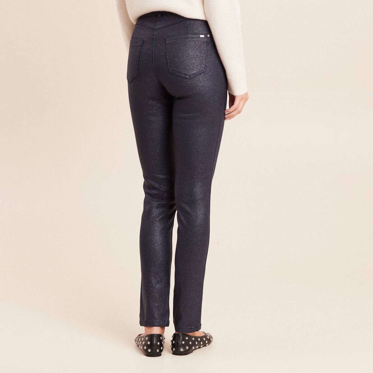 Pantalon iris&eacute; en similicuir bleu fonc&eacute; femme