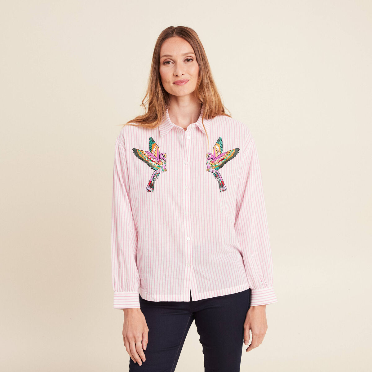 Chemise droite mi-longue en coton rose femme