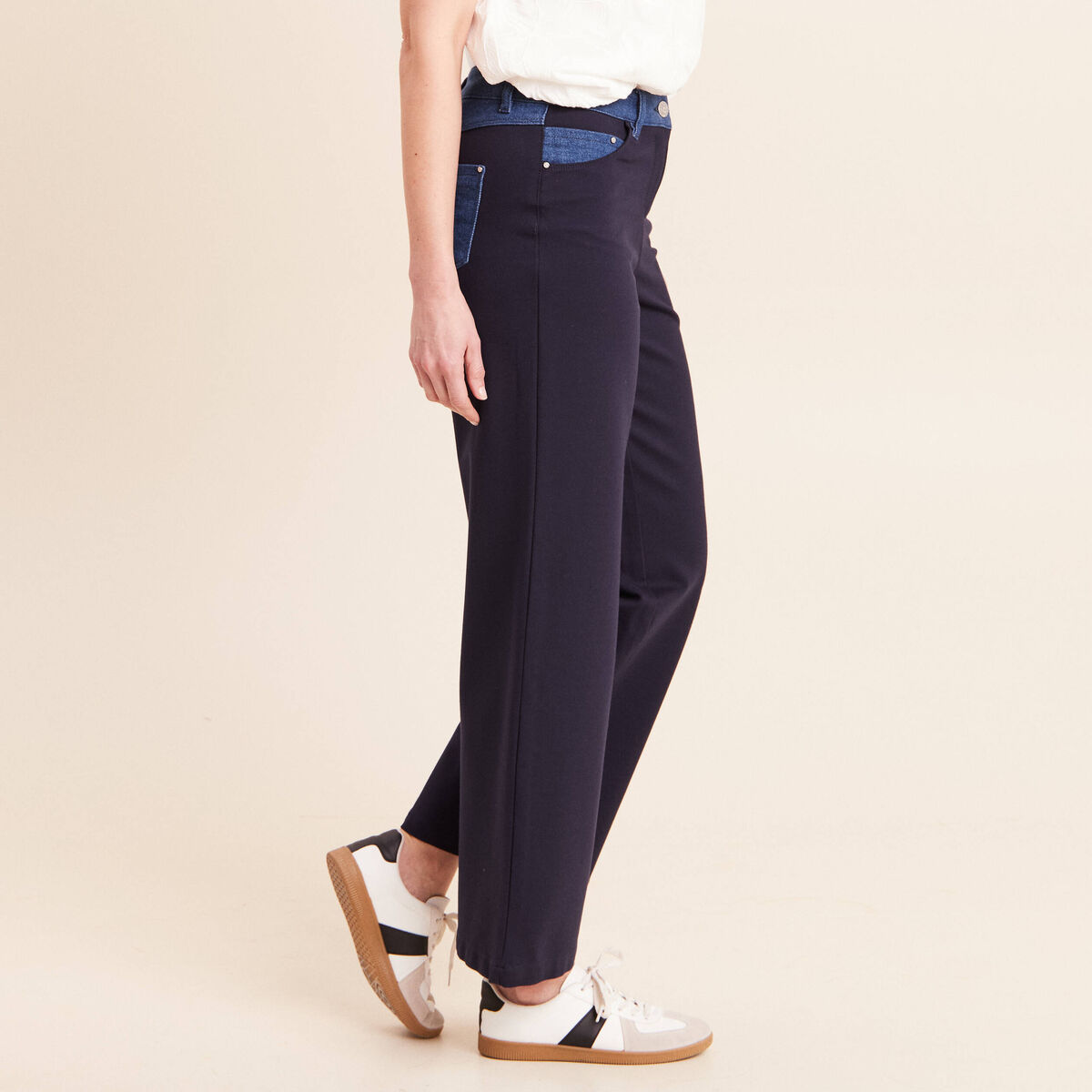Pantalon large bi-mati&egrave;re bleu fonc&eacute; femme