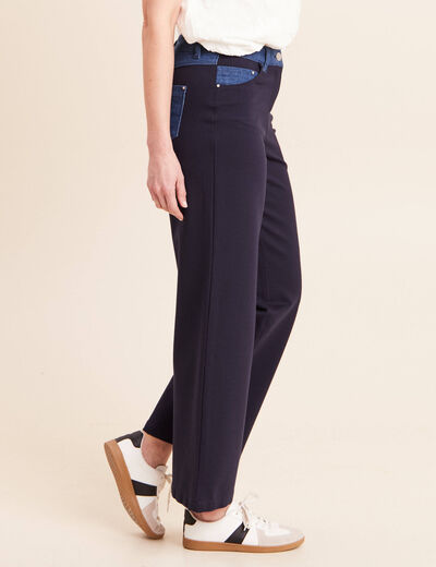 Pantalon large bi-mati&egrave;re bleu fonc&eacute; femme