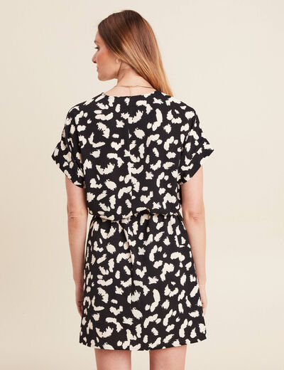 Robe droite courte col V manches courtes noir femme