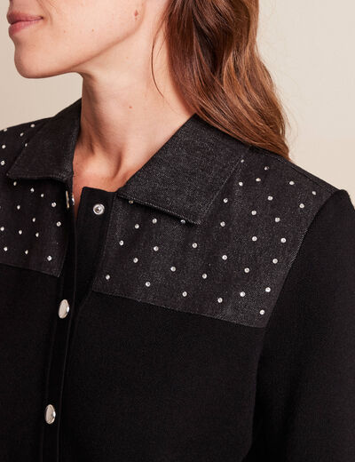 Gilet col rond manches longues strass noir femme