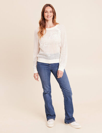 Pull col rond manches longues dentelle ecru femme