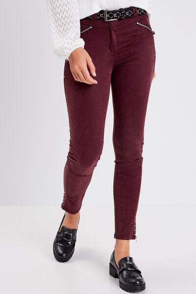 Pantalon slim taille basculée rouge foncé femme