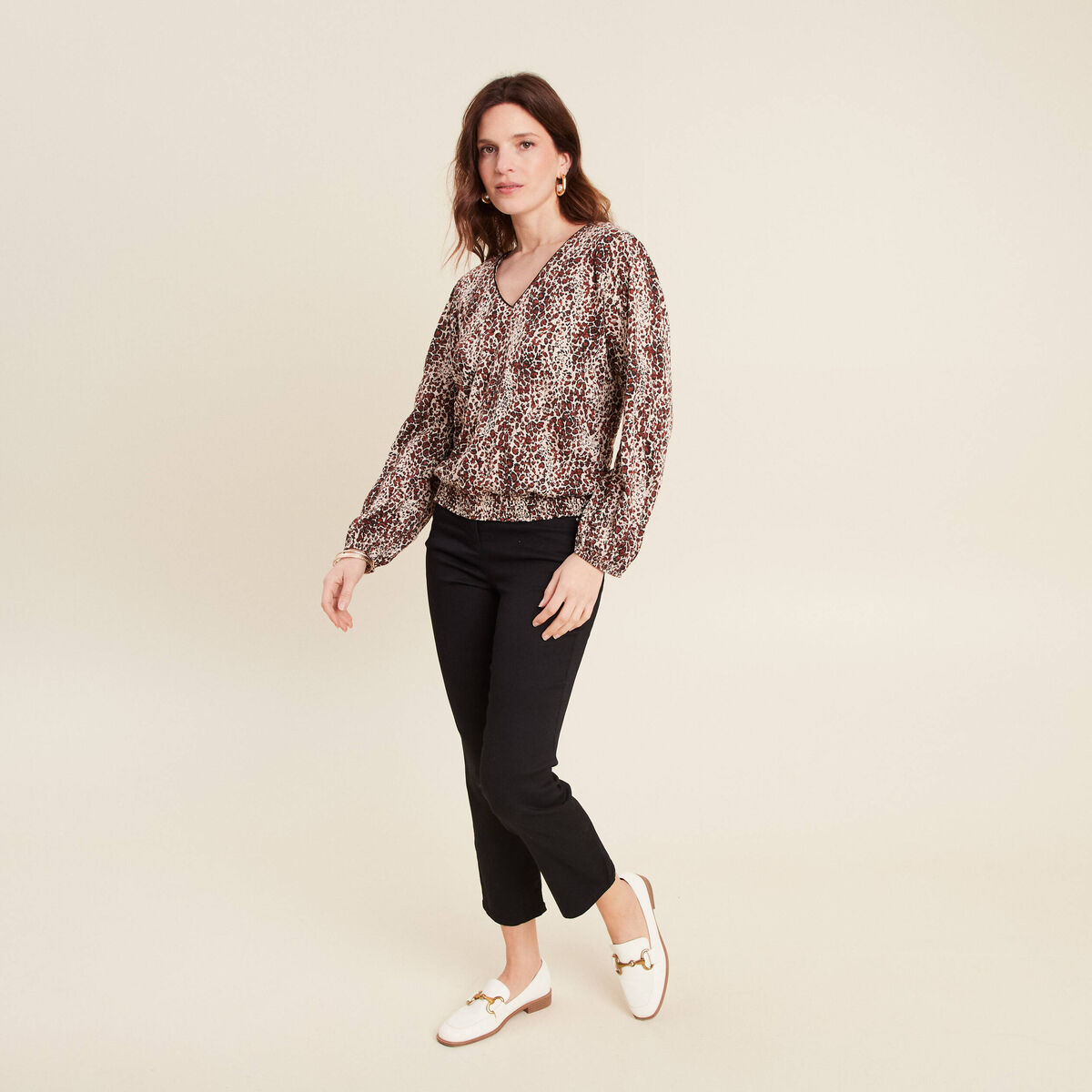 Blouse droite manches longues marron cognac femme
