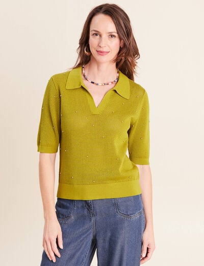 Polo ajour&eacute; col chemise manches courtes vert olive femme