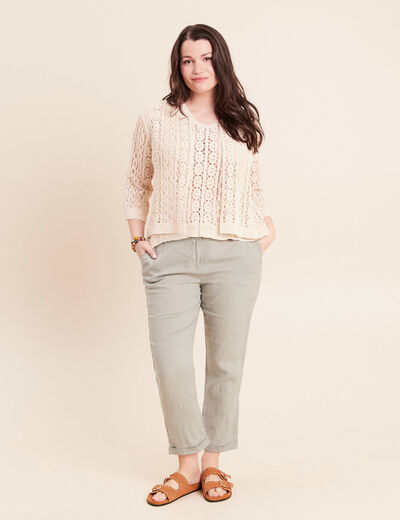 Pantalon coupe chino en lin ceintur&eacute; vert clair femme