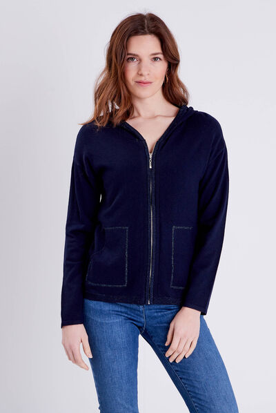 Gilet manches longues à capuche bleu marine femme