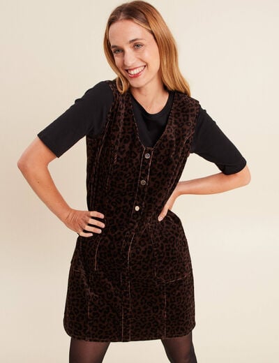 Robe droite courte sans manches velours marron cognac femme