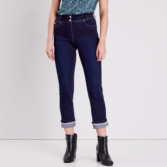 Jean ajusté à détails strass denim brut femme