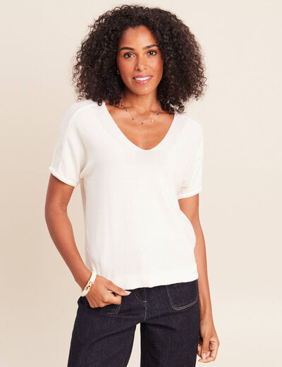 Pull droit col v manches courtes ecru femme