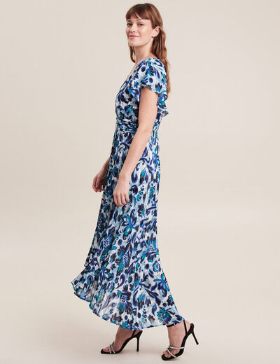 Robe longue droite plissée bleu femme