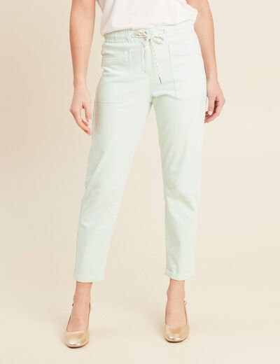 Pantalon coupe droite à coulisse vert clair femme