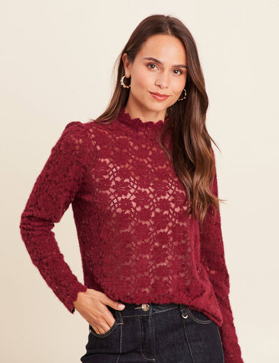 T-shirt cintr&eacute; col montant dentelle bordeaux femme