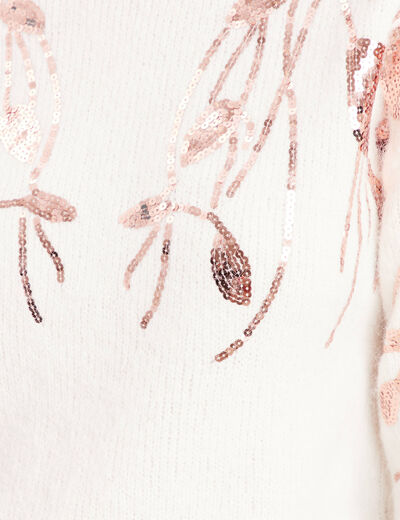 Pull col rond manches longues sequins ecru femme