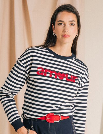 Sweat col rond &agrave; message bleu femme