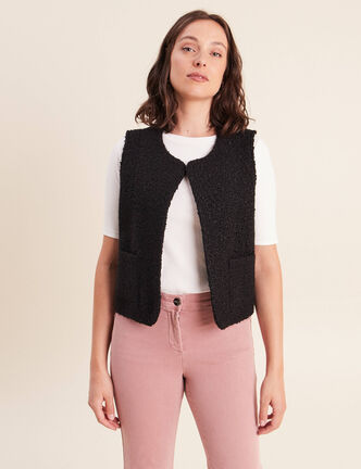 Gilet sans manches bouclette poches noir femme
