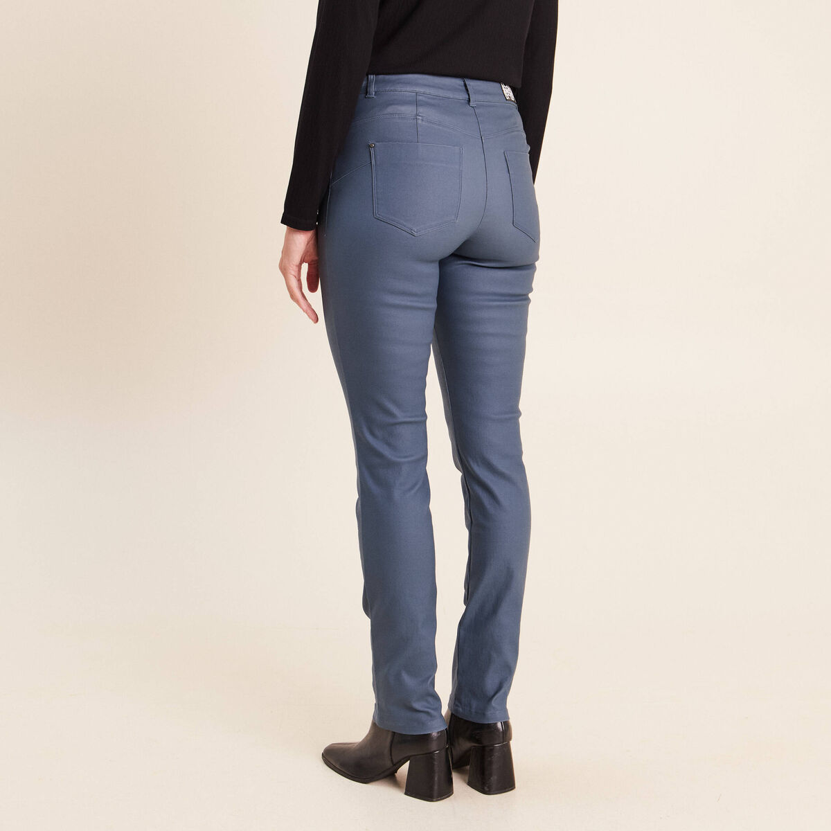 Pantalon enduit ajust&eacute; taille bascul&eacute;e bleu fonc&eacute; femme