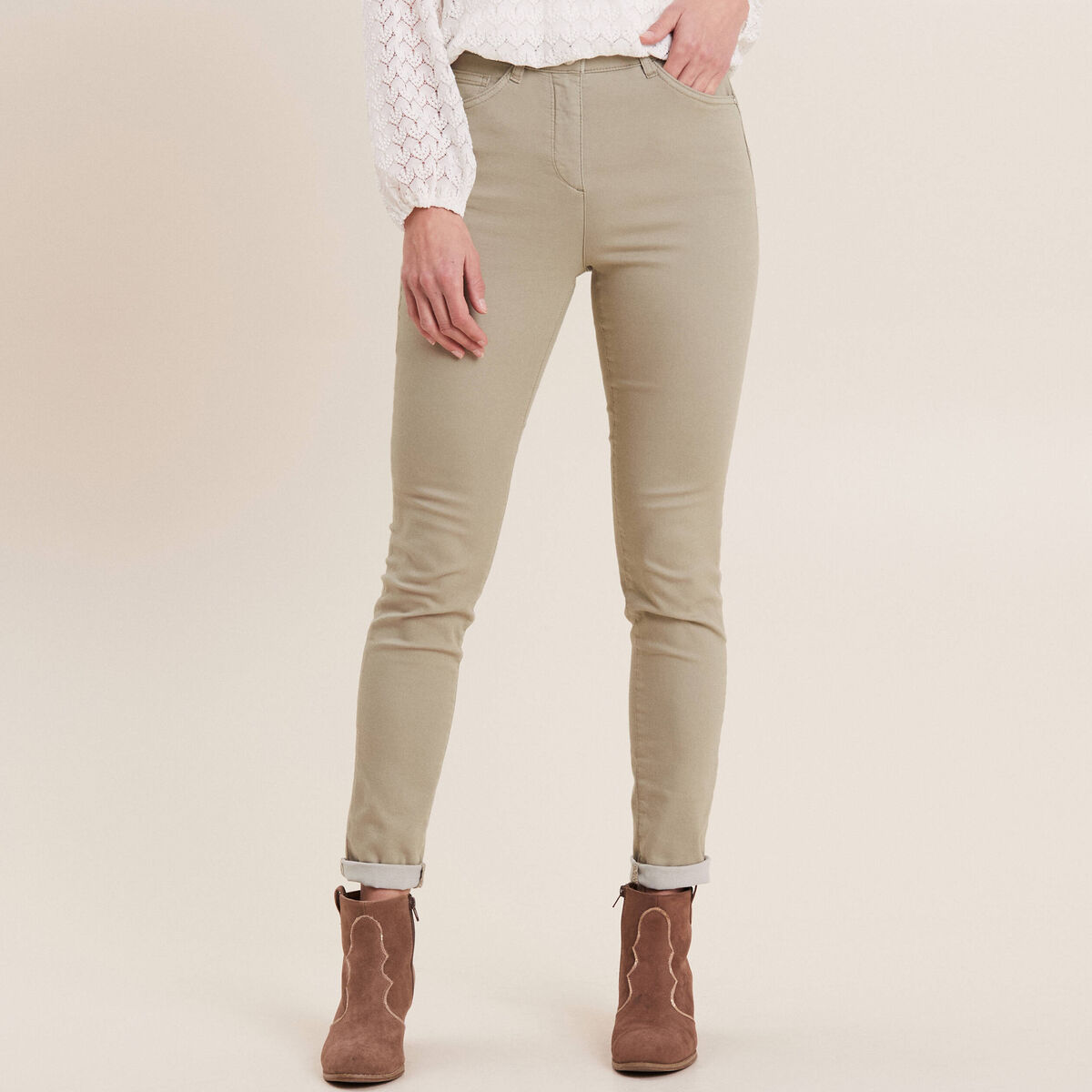 Pantalon léger taille haute long vert clair femme