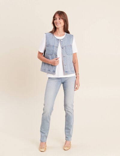 Veste cintr&eacute;e sans manches en jean denim double stone femme
