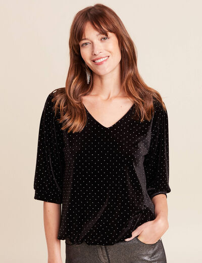 T-shirt velours col v manches 3/4 strass noir femme