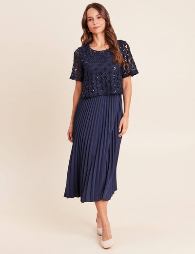 Robe 2 en 1 pliss&eacute;e col rond bleu marine femme