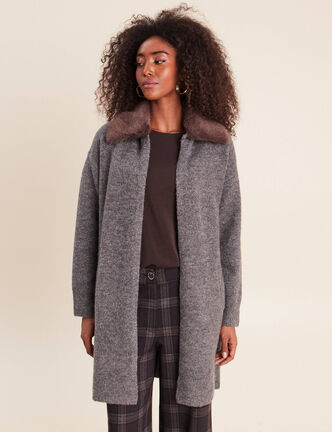 Gilet droit long col chemise gris fonc&eacute; femme