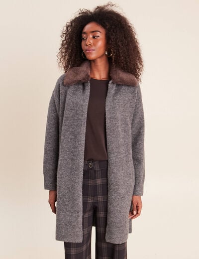 Gilet droit long col chemise gris fonc&eacute; femme