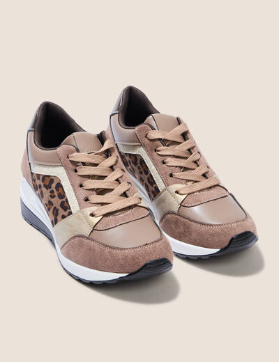 Baskets compensées aspect daim marron foncé femme