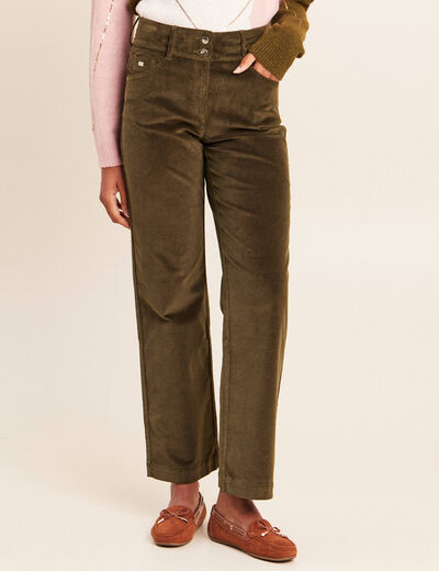 Pantalon taille haute en velours vert kaki femme