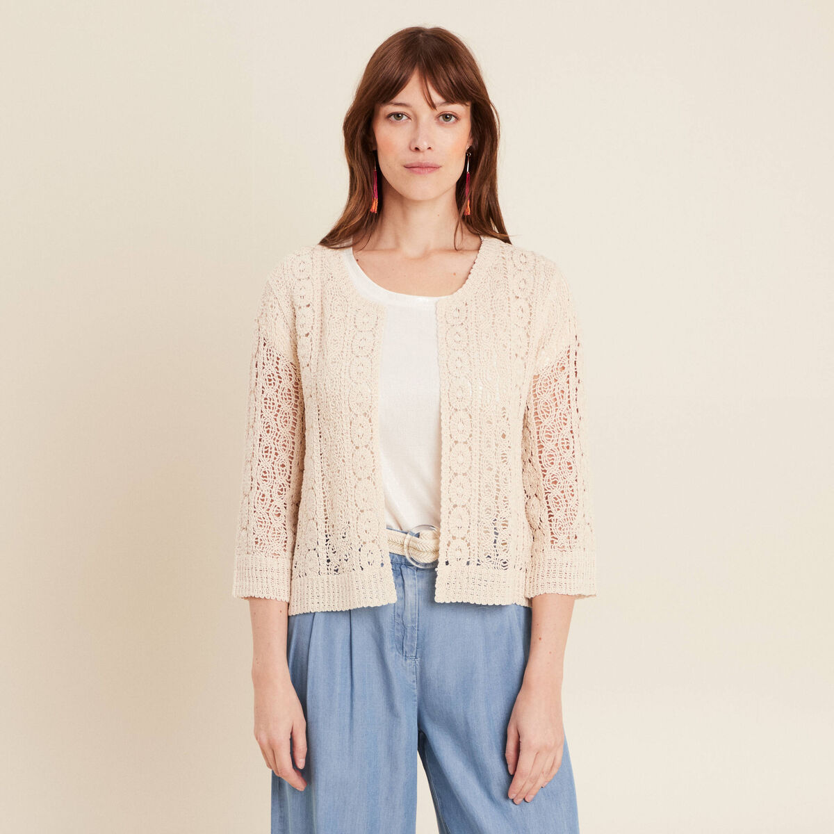 Gilet manches 3/4 ajouré ecru femme