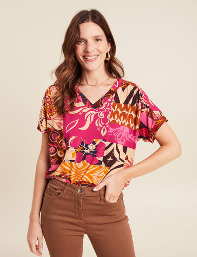 T-shirt col v manches courtes rose femme