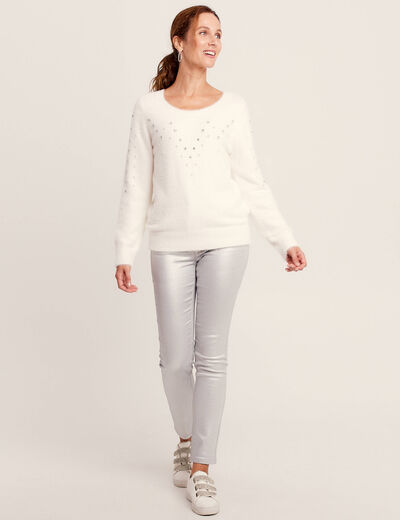 Pull manches longues strass ecru femme