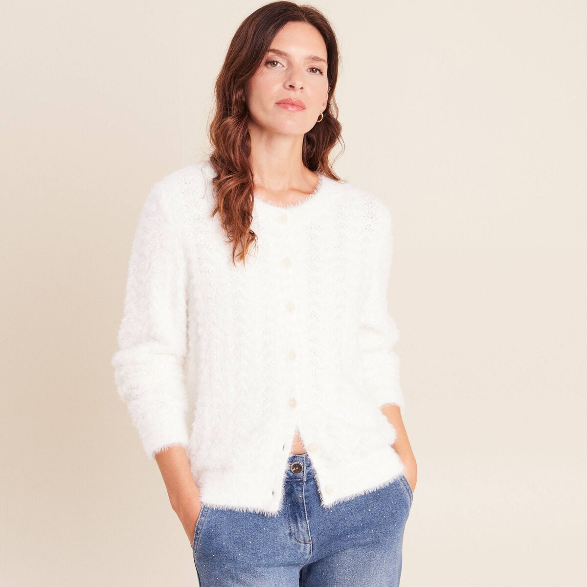Cardigan col rond ecru femme